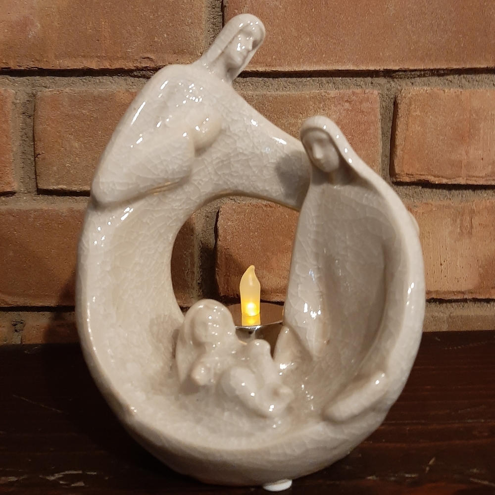 Holy Family Nativity votive holder, stoneware ceramic